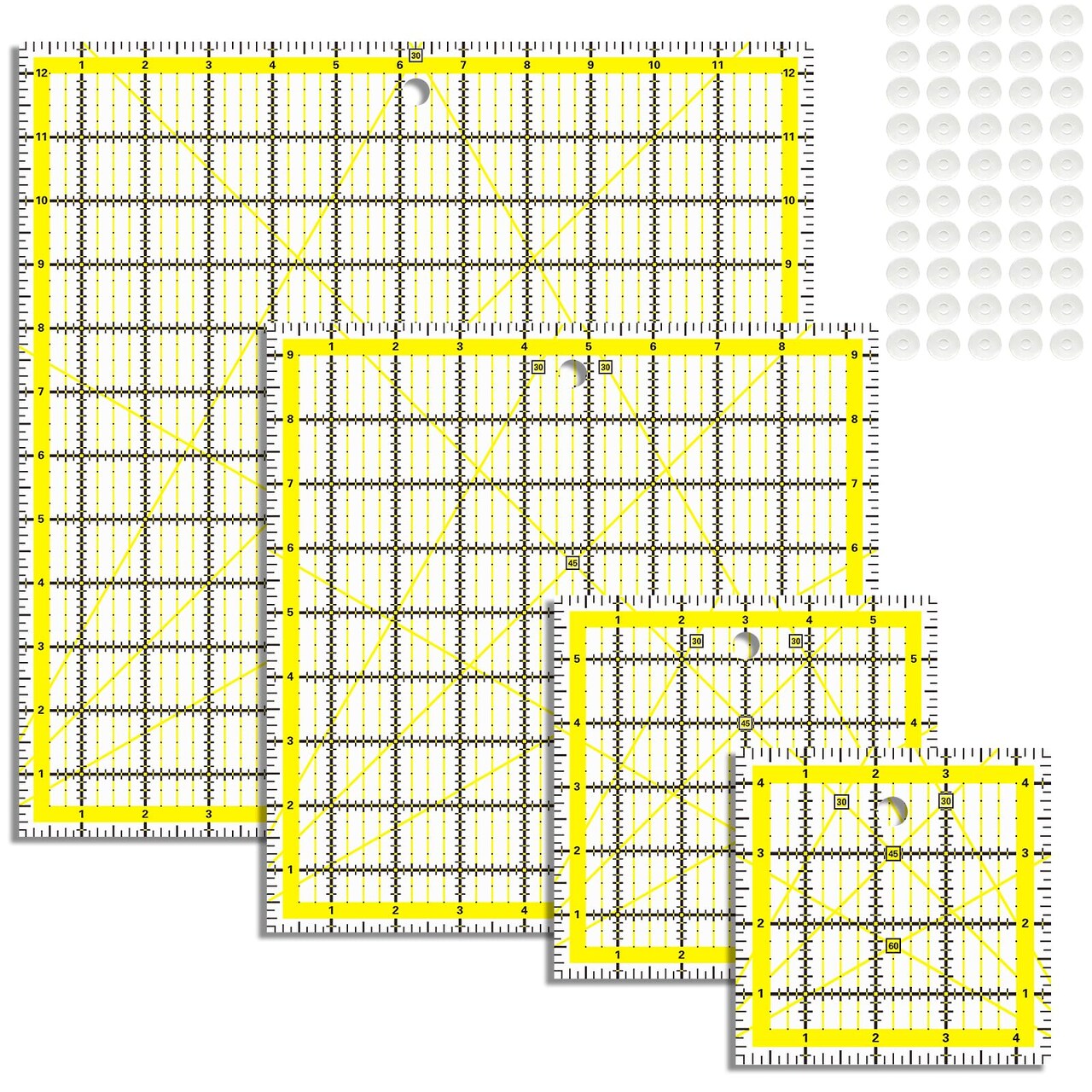 VPVPV 4 Piece Quilting Ruler,Acrylic Square Ruler,Quilting Templates,with Non Slip Rings 50 Pieces(4.5“X4.5”、6“X6”、9.5“X9.5”、12.5“X12.5”)